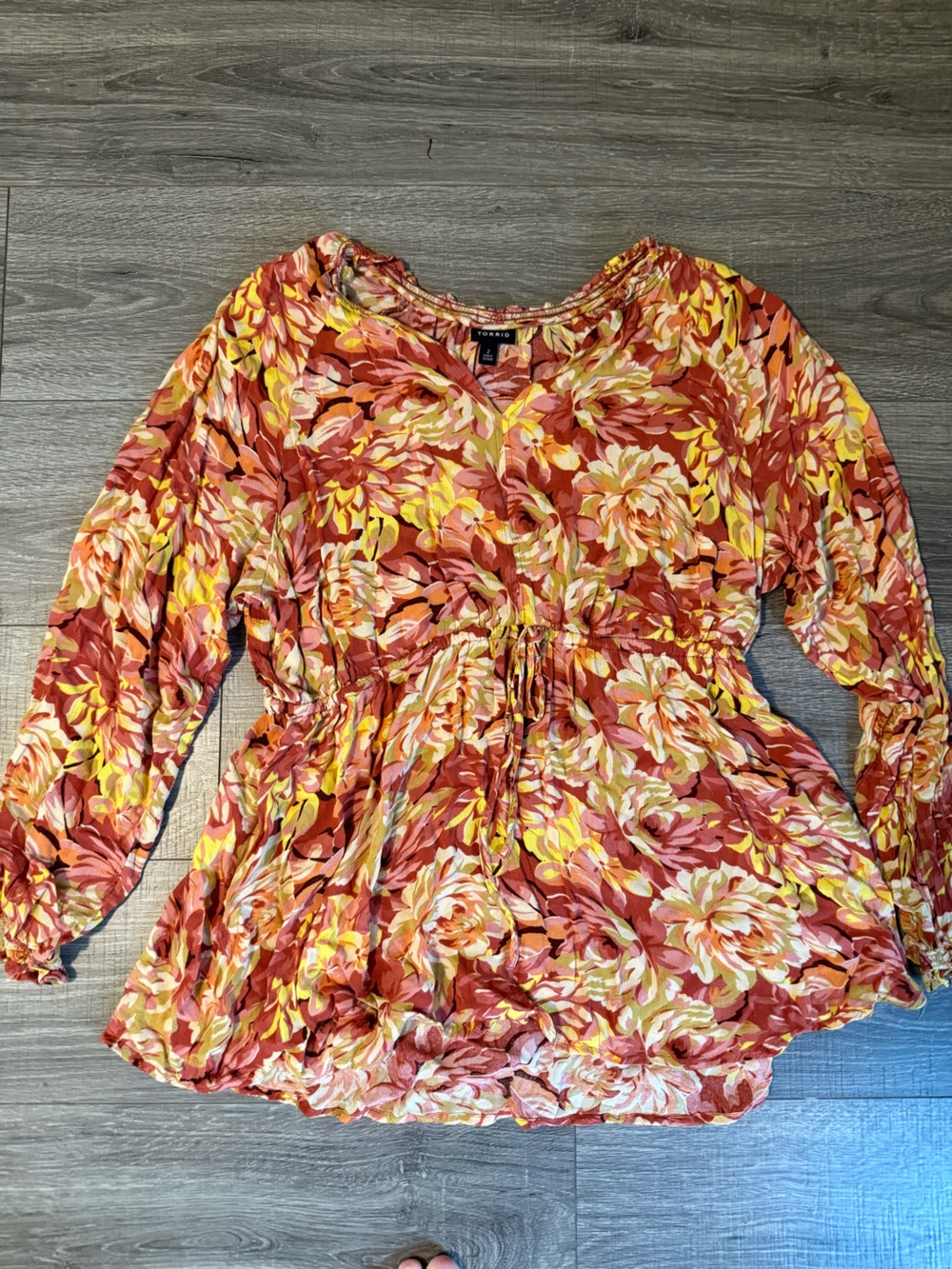 Torrid Floral Long Sleeve Blouse in Rust, Yellow & Cream